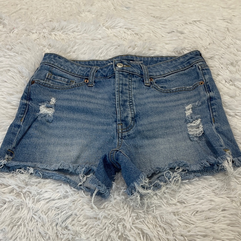 OLD NAVY HIGH RISE Women's Blue Distressed Jean Shorts SIZE 10 BUTTON FLY